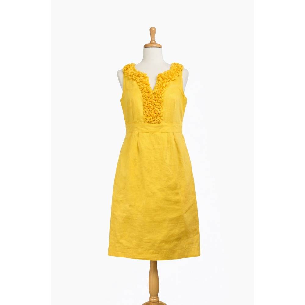 Taylor Linen‎ Sheath Dress Womens 4 Yellow Ruffle Neck Coquette Cottagecore